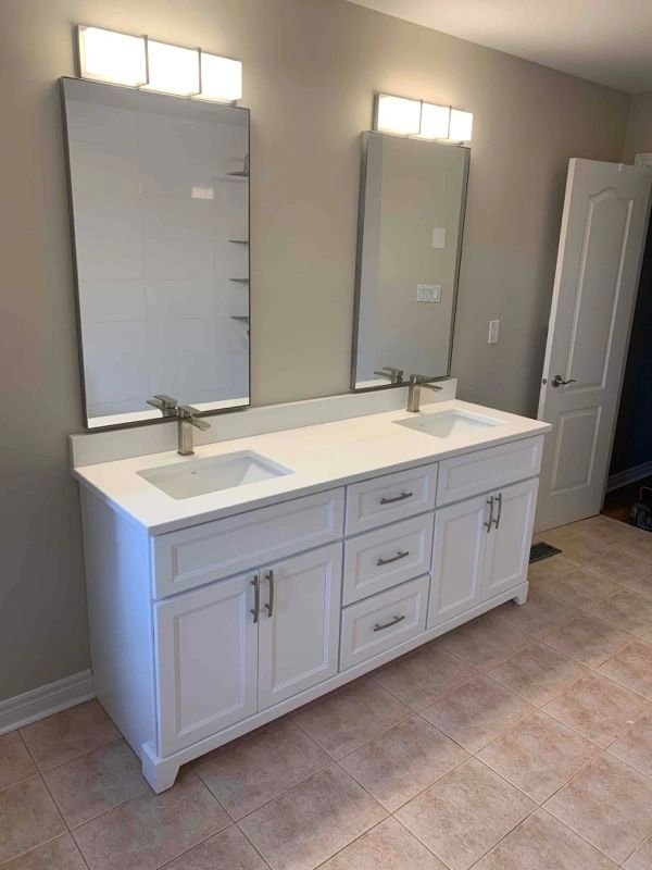 Double-sink vanity in a large bathroom